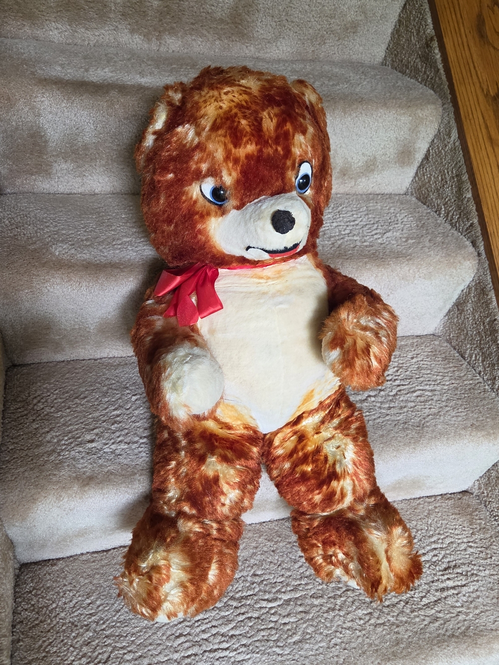 VINTAGE   Plush Brown Teddy Bear with Cream Belly and Red Bow - Kids Toy